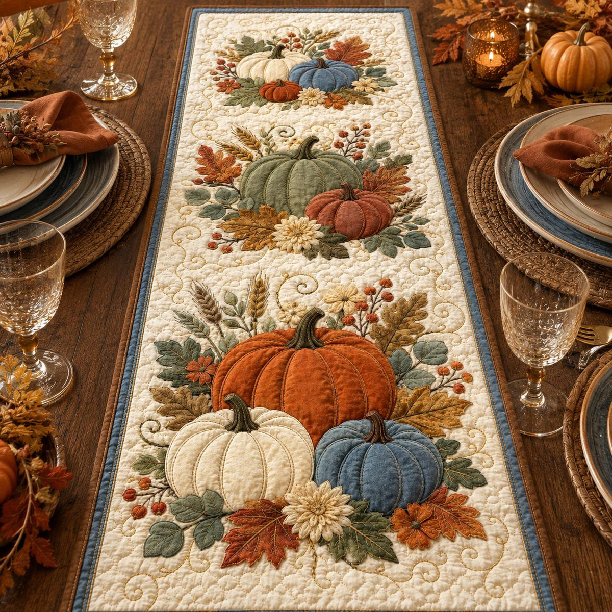 Quilted Pumpkin Table Runner, Fall Harvest Autumn Decor, Blue Orange Thanksgiving Runner 3ab44838-ac7a-4a7b-8513-1ad0e08db3c6-1.jpg