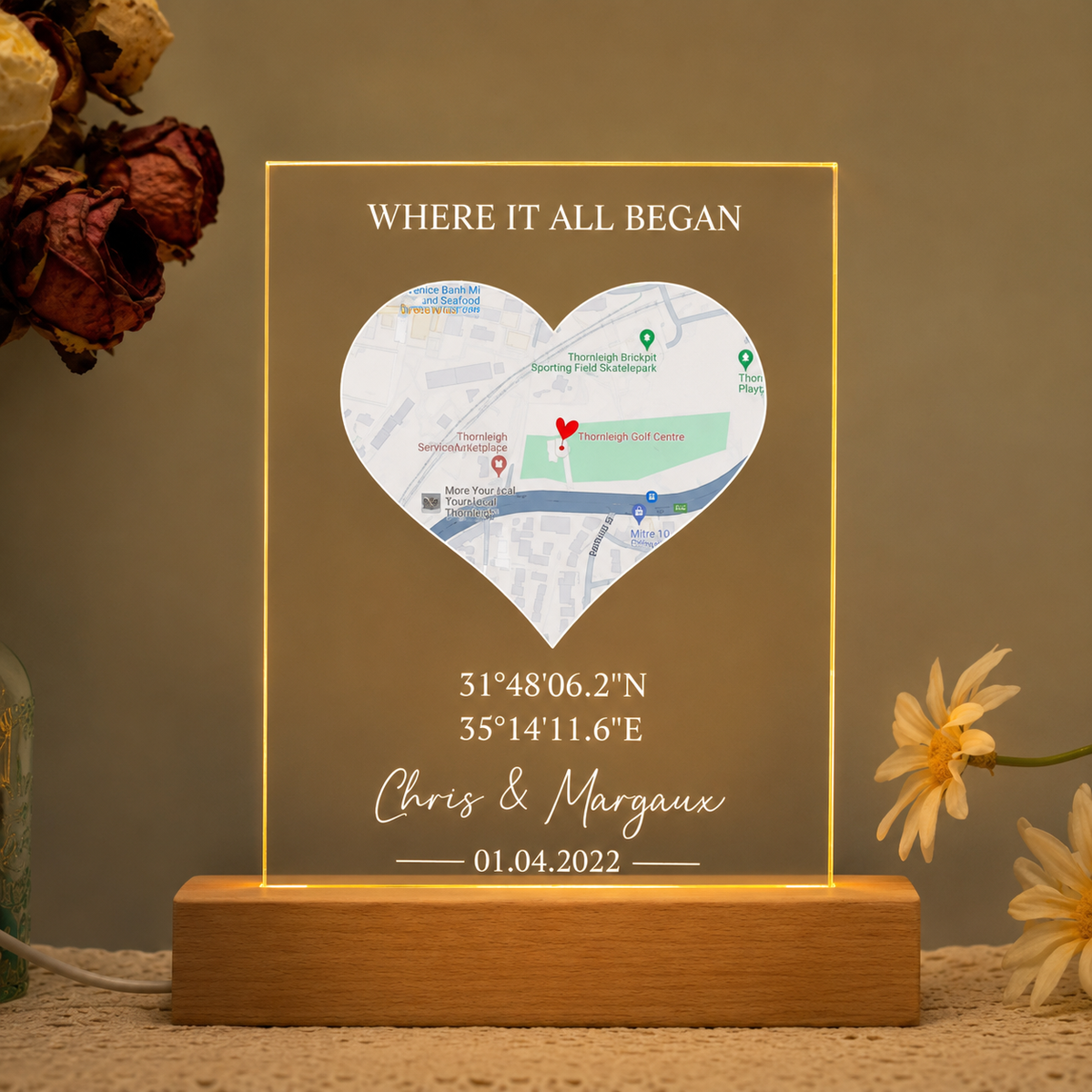 Custom First Date Map Acrylic LED Light, Where It All Began, Personalized Valentine's Day Gift, Where We First Met Map, Couples Gift Light