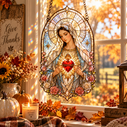 Sacred Heart Mary window hanging, floral religious suncatcher with lilies, roses and golden halo 3ada27f6-4288-4567-a019-6b1a1e229435-6e98896a-0292-44fa-acc4-2c93c8a313b4.png