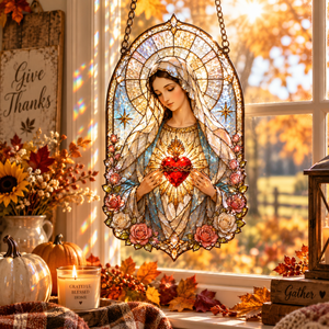 Sacred Heart Mary window hanging, floral religious suncatcher with lilies, roses and golden halo 3ada27f6-4288-4567-a019-6b1a1e229435-6e98896a-0292-44fa-acc4-2c93c8a313b4.png
