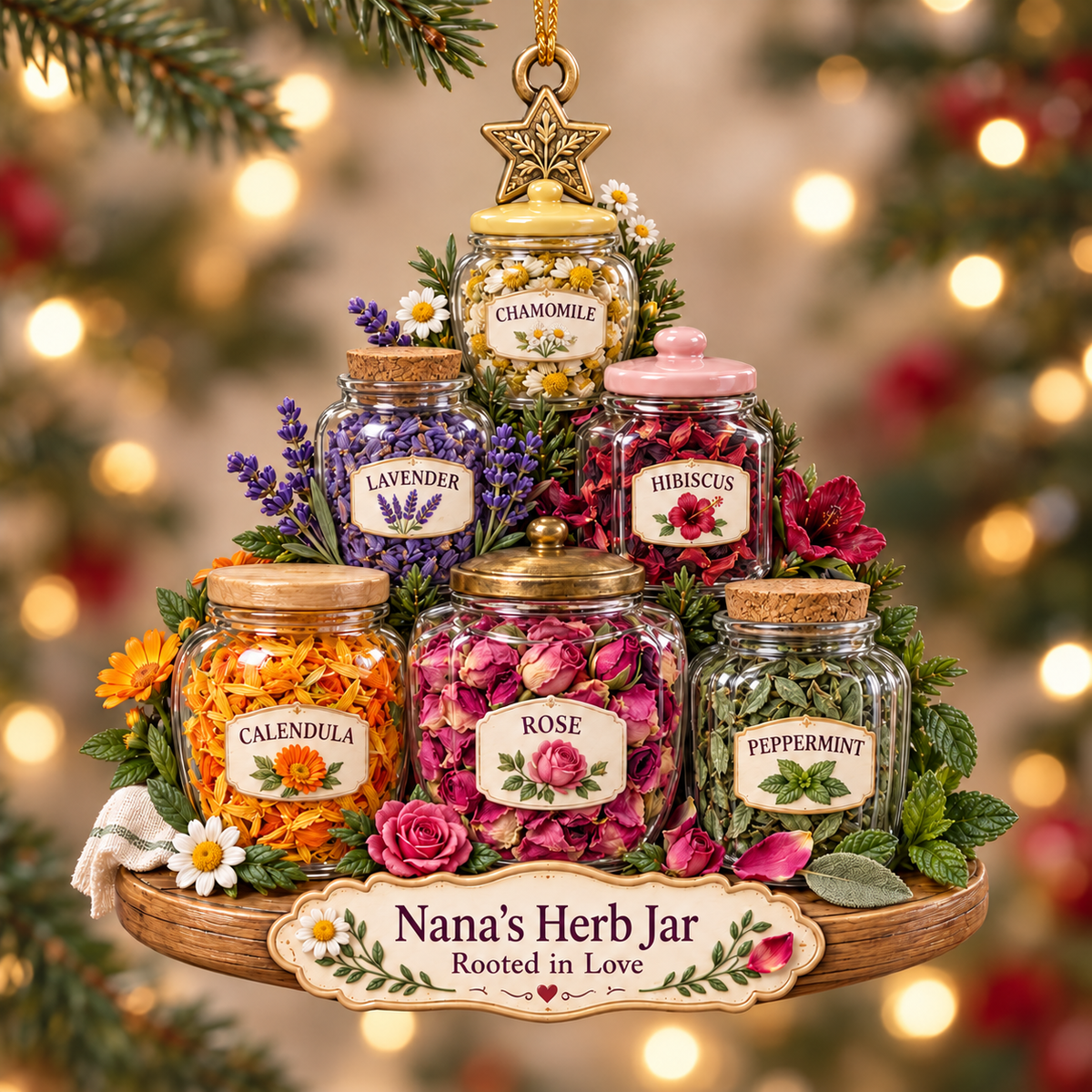 Personalized Herbalist Christmas Ornament – “Rooted in Love” Herb Jars with Custom Name, Gift for Mom And Granma