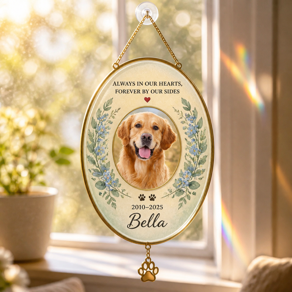 Pet Memorial Stone — Photo, Name & Dates (“Always in our hearts”) - Personalized 1 Layered Suncatcher with Charm 3b0ed41a-e3fa-43ec-a53f-0da95be132d5.png