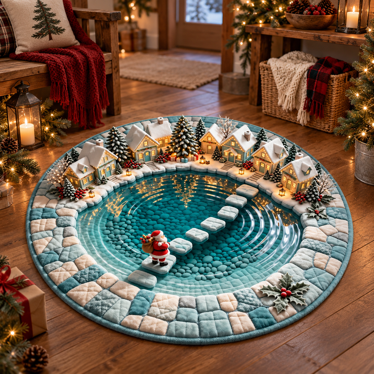 Santa Christmas Round Rug, 3D Winter Pond Rug, Snowy Christmas Village Carpet, Santa Stepping Stone Holiday Home Decor 3b145878-cf9e-44b7-8b01-345299cddf0a-c.png