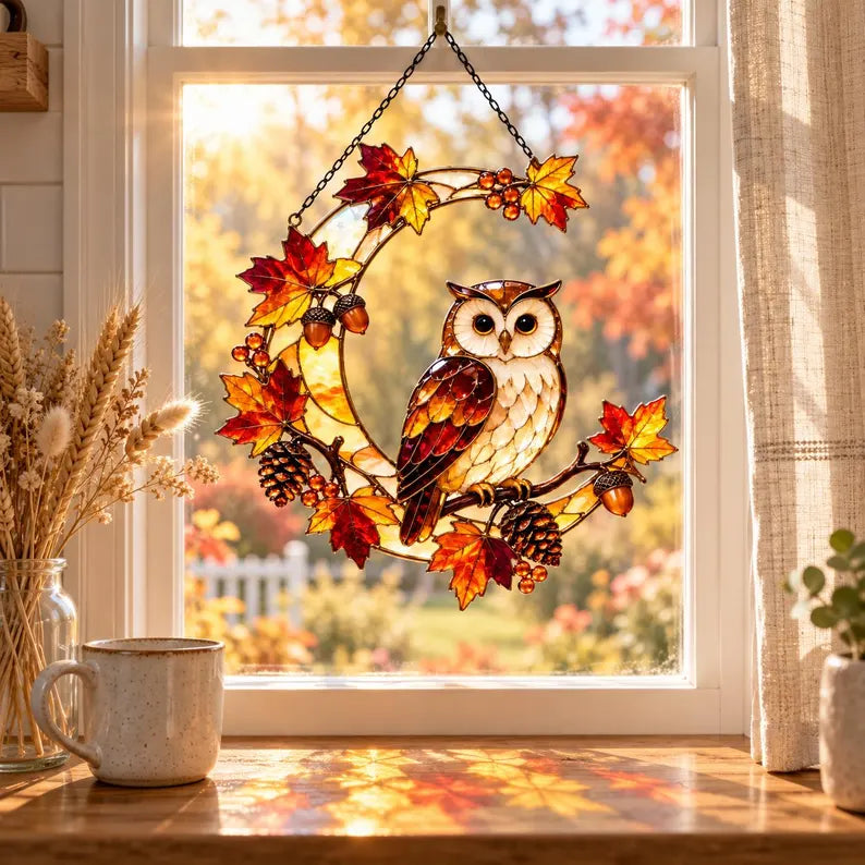 Fall Owl Moon Suncatcher, Maple Leaves Woodland Owl Window Hanging, Thanksgiving GIft For Nature Lovers, Fall Home Decor 3b2474e3-3387-44bb-8d1a-15098b285c37-ggggggg-3-.webp