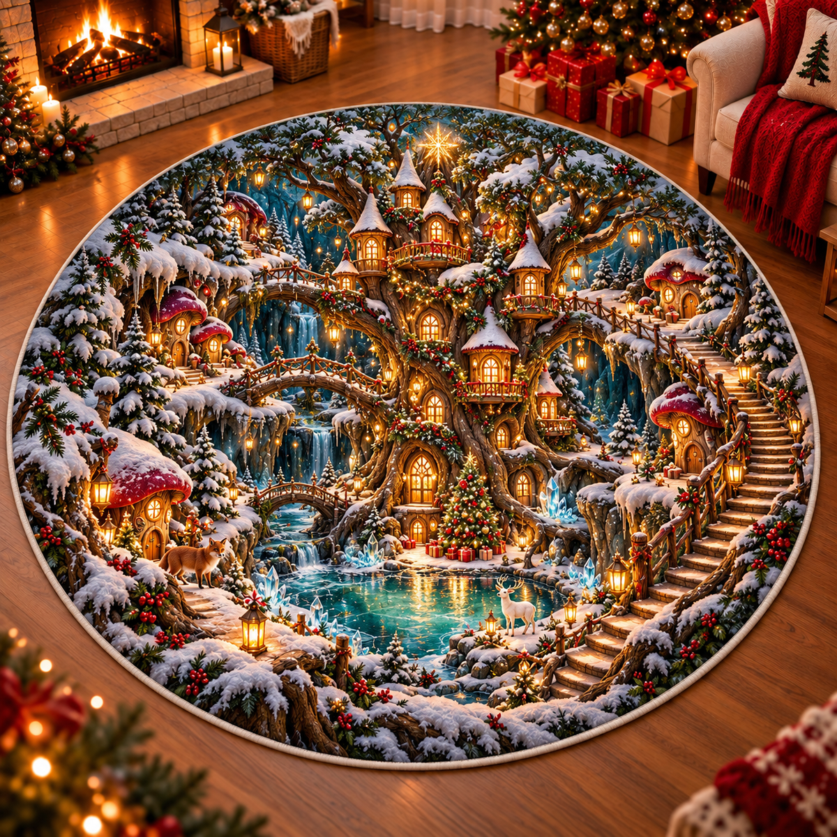 Fantasy Forest Christmas 3D Illusion Round Rug, Enchanted Treehouse Village Floor Mat, Fairy Tale Winter Area Carpet, Whimsical Holiday Home Decor 3b2639f3-4029-45c4-bfbe-46e51e697390-Enchanted-Christmas-Forest-Illusion-Rug.png
