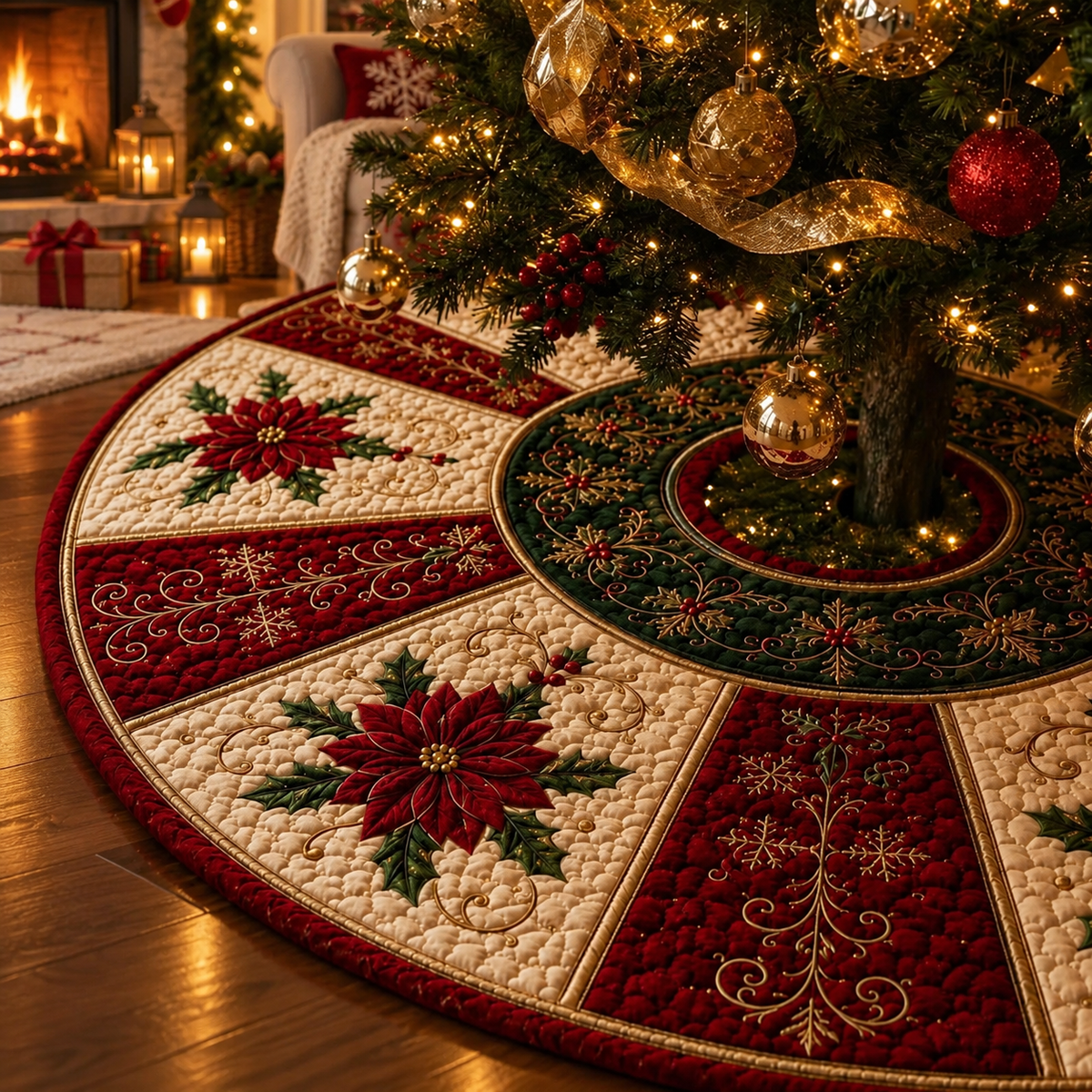 Christmas Tree Skirt Quilt, Poinsettia Quilted Tree Skirt, Red Gold Holiday Decor, Elegant Farmhouse Christmas Tree Mat Gift, Home Decor 3b61d06d-19c6-4bbb-a533-309eb1a904cb-ggttgh-1-.png