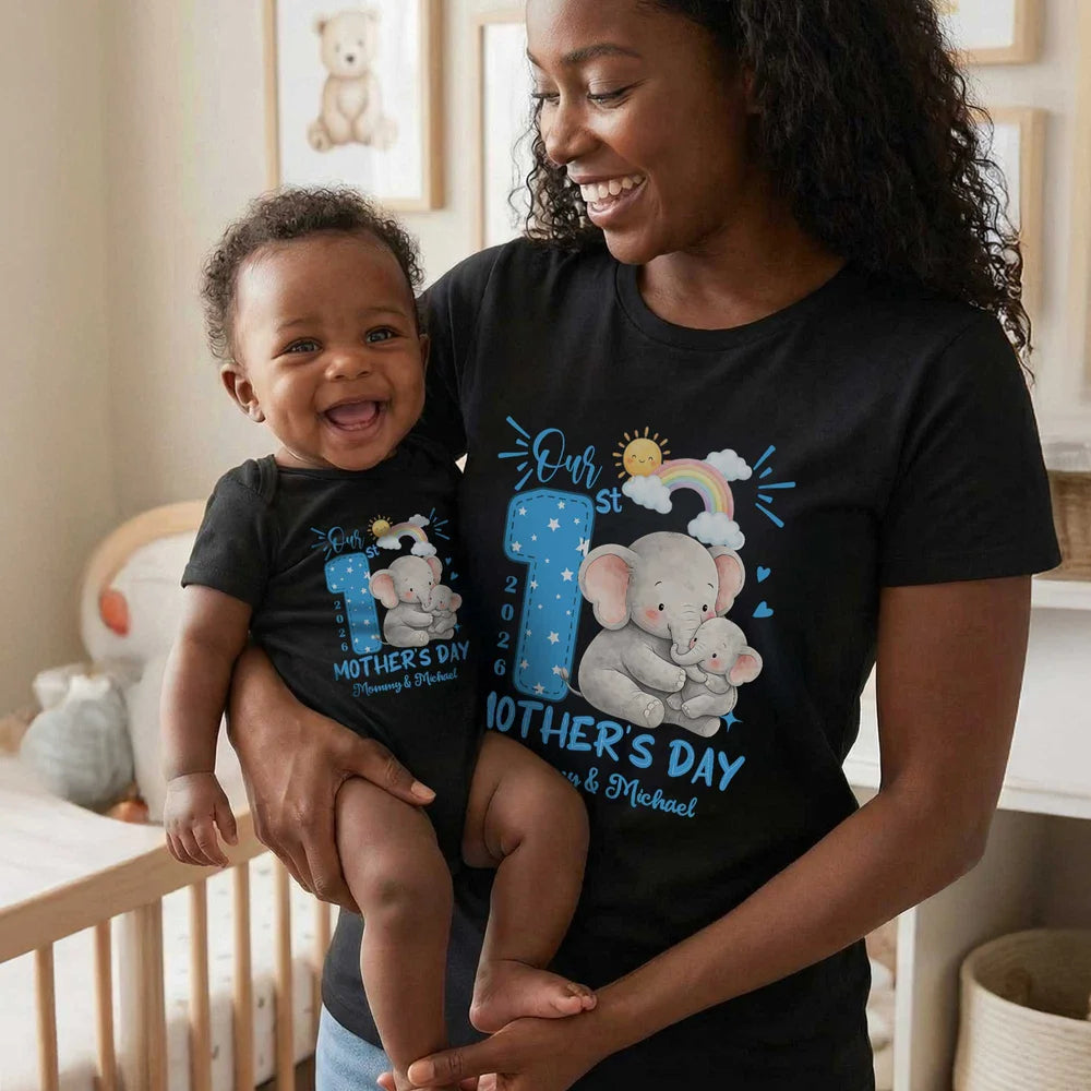 Personalized 1st Mother's Day Animal Mom Baby T-shirt Baby Bodysuit Matching Outfit with Names and Year Mother's Day Gift for Baby Mom