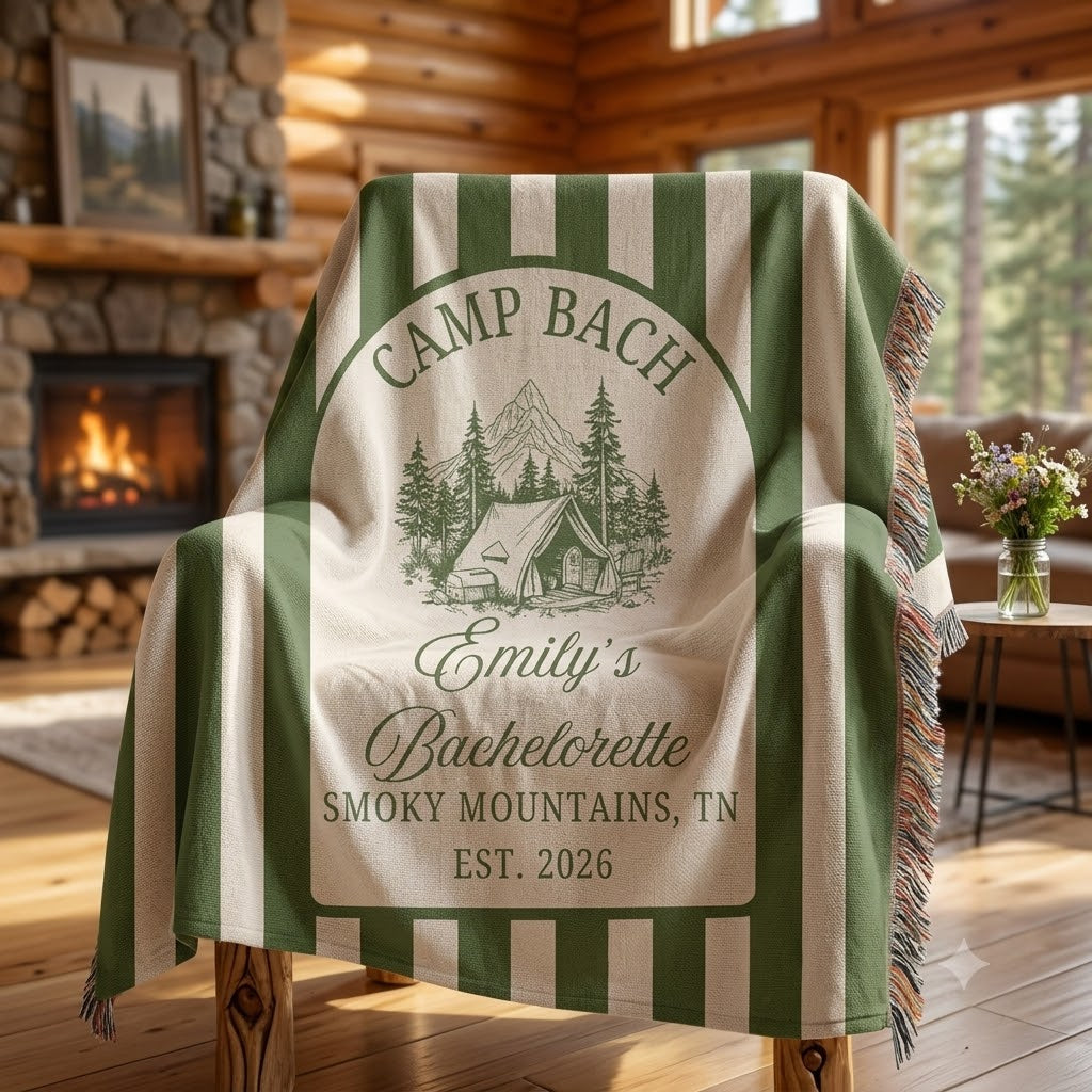 Custom Camp Bachelorette Woven Blanket, Glamping Weekend Decor, Bach Party Gift 3b7599f3-fcff-4330-aeee-01ff1f203487-5f2fe0c2-d2bd-4eab-a6da-1d7c89439c94.jfif