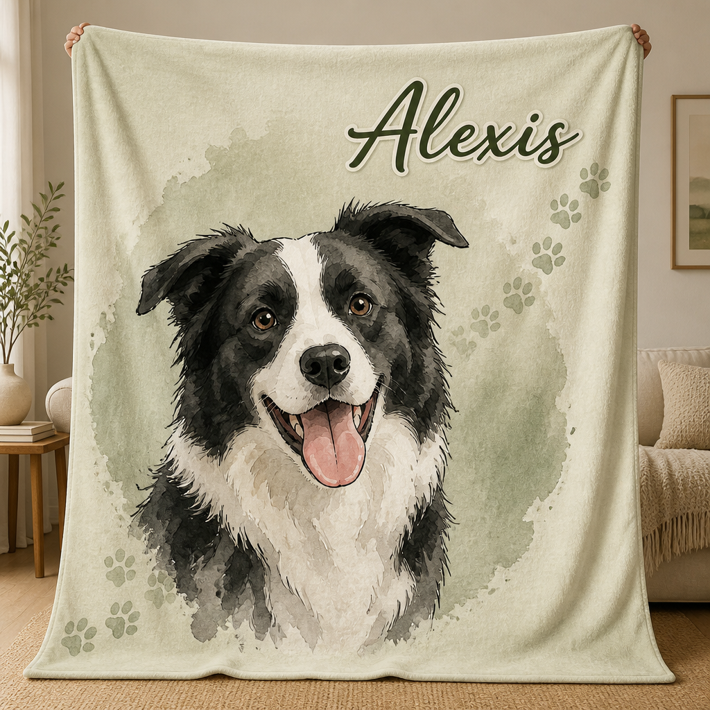 Custom Watercolor Pet Portrait Blanket with Name - Personalized Blanket 3b83e4b5-a400-41f5-bfcd-83e6ef073bb8.png