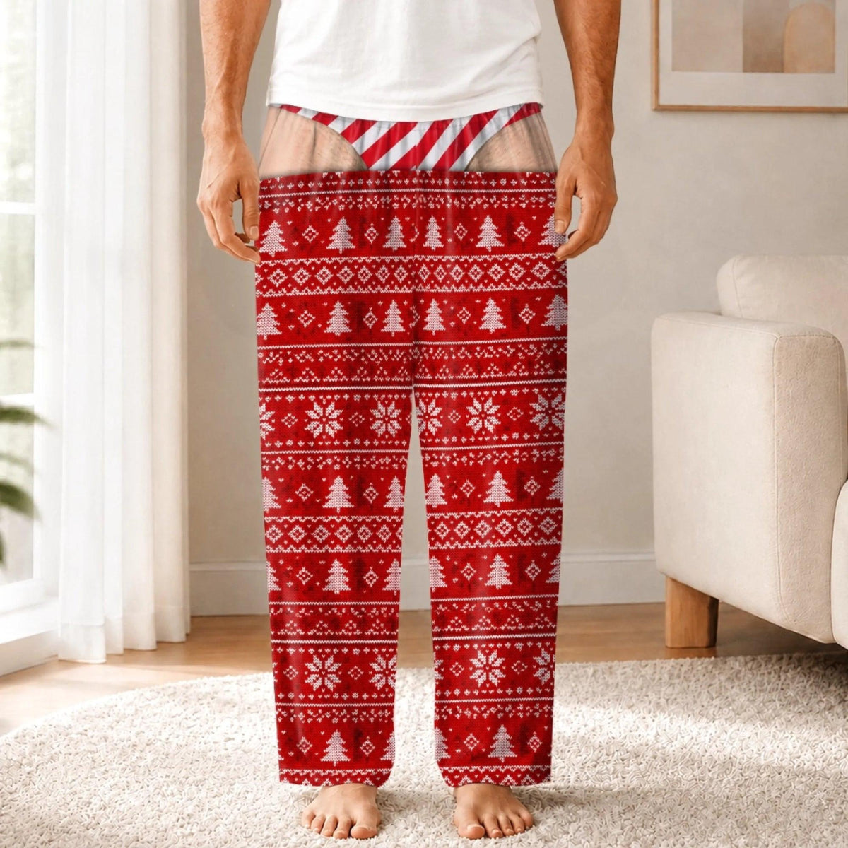 Custom Funny Men's Christmas Pajama Pants, Fake Underwear Illusion Plaid Bottoms, White Elephant Gag Gift Him 3ba27935-ee2a-4bae-a844-78e47088161a-6.jpg