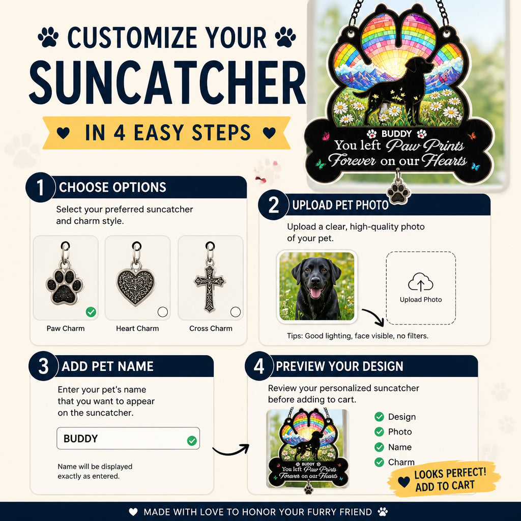 Pet Memorial Rainbow Suncatcher — Paw Prints on Our Hearts - Personalized 1 Layered Suncatcher with Charm 3bc83f78-a2c6-4f7e-b307-e4e1d7a14bca.jpg