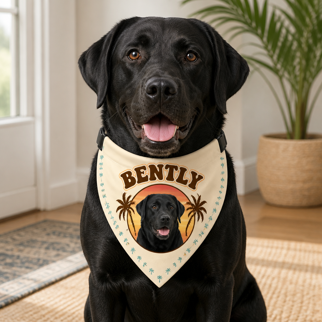 Custom Pet Photo Bandana – Tropical Sunset Badge with Name - Personalized Pet Bandana Collar With Adjustable Buckle 3bc9d65d-000e-402b-b7a1-4c3583f1584d.png