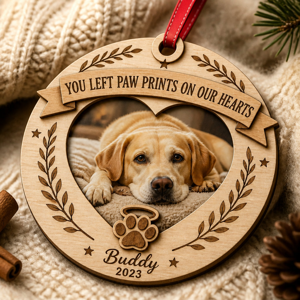 Pet Memorial Photo Ornament — You Left Paw Prints On Our Hearts - Personalized 3-Layered Wood Ornament 3c29eb2b-b9f1-4bad-b18a-9d41ffd33faa.jpg