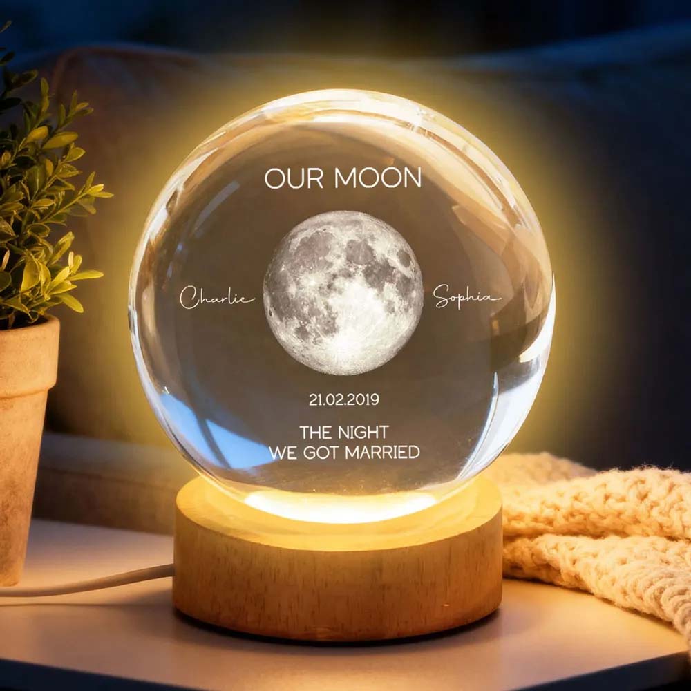 Our Moon Special Date, Custom Moon Phase by Date - Personalized Crystal Ball Night Light - Heartfelt Anniversary Gift for her, for him