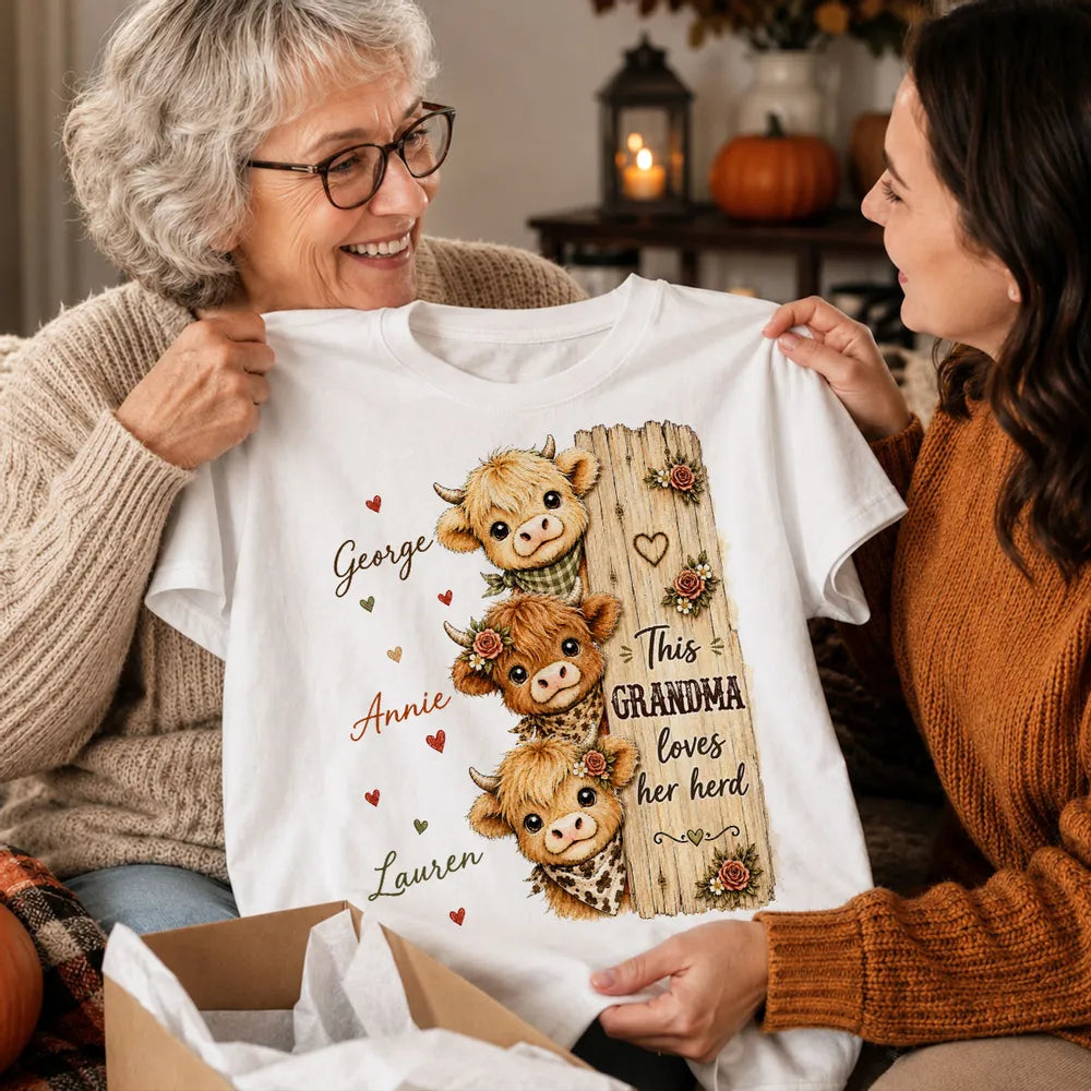 This Grandma Loves Her Herd Highland Cow - Personalized Shirt - Cozy Fall Shirt for Grandma