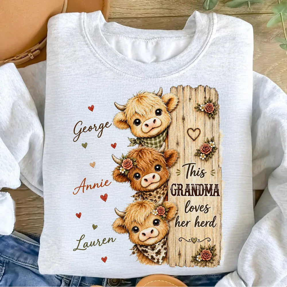 This Grandma Loves Her Herd Highland Cow - Personalized Shirt - Cozy Fall Shirt for Grandma