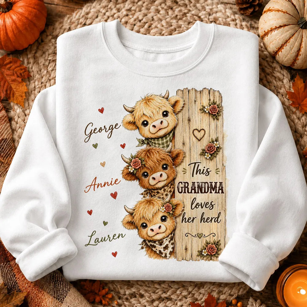 This Grandma Loves Her Herd Highland Cow - Personalized Shirt - Cozy Fall Shirt for Grandma