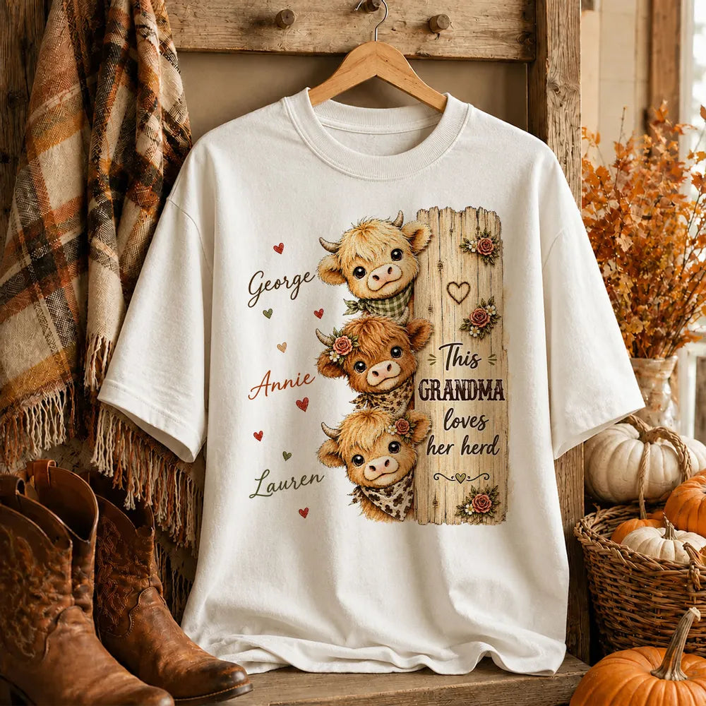 This Grandma Loves Her Herd Highland Cow - Personalized Shirt - Cozy Fall Shirt for Grandma