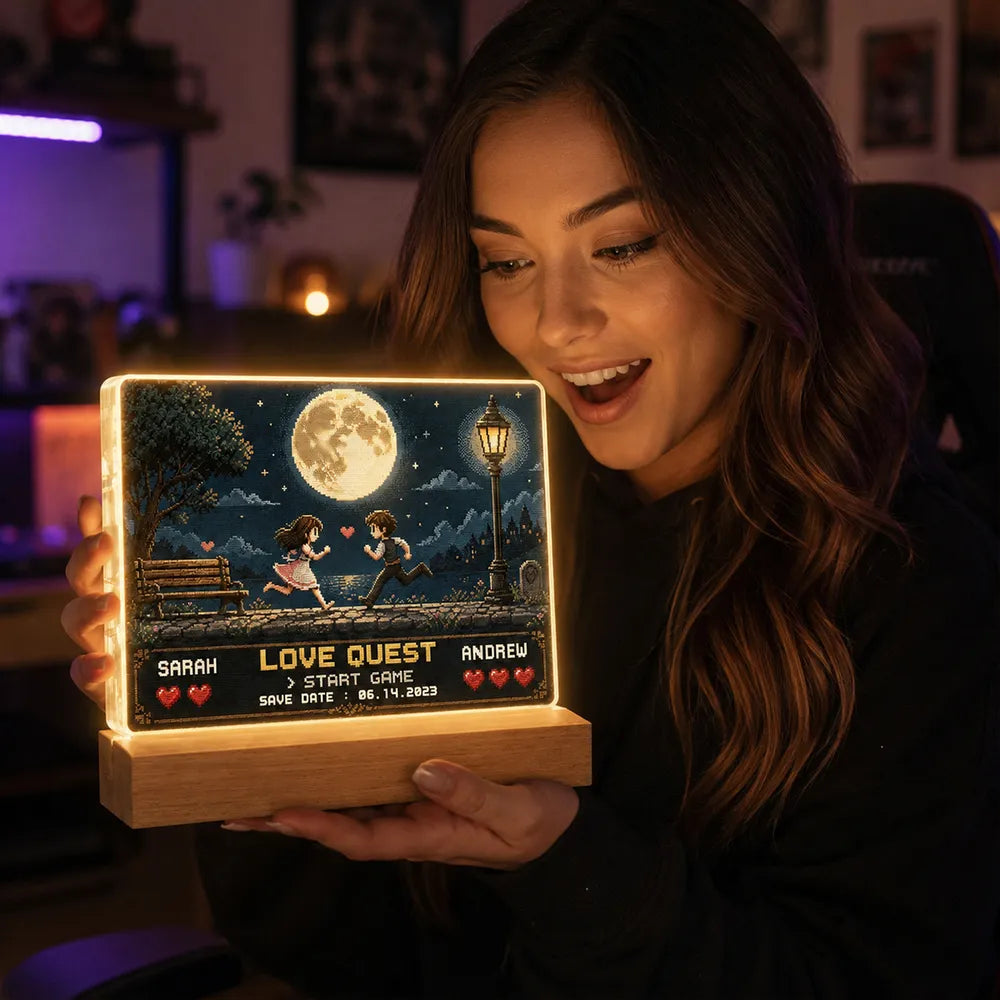 Retro Gamer Couple Love Quest - Personalized Acrylic Block LED Night Light - Anniversary Gift for Him, for Her