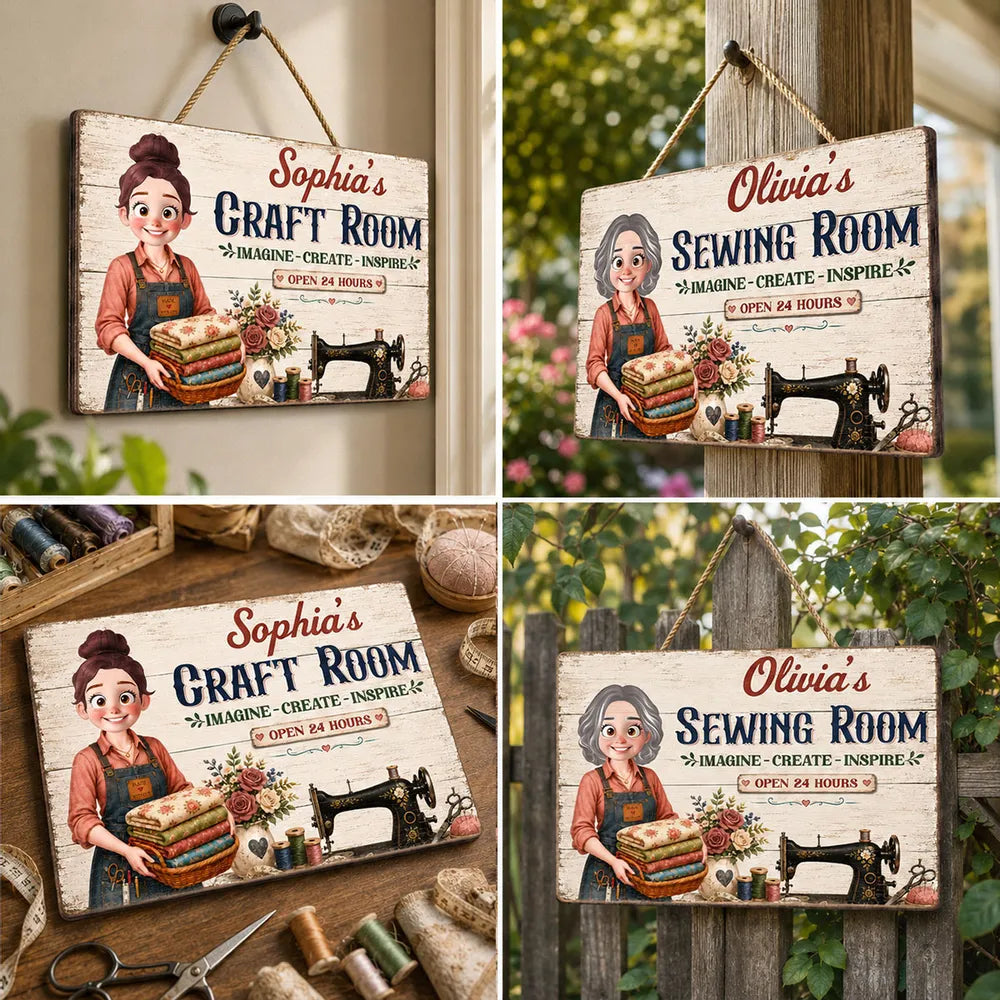 My Sewing Room Imagine Create Inspire Sewing Girl - Personalized Wooden Sign