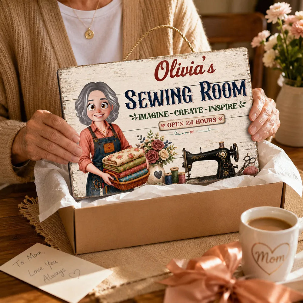 My Sewing Room Imagine Create Inspire Sewing Girl - Personalized Wooden Sign
