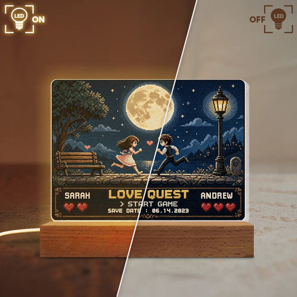 Retro Gamer Couple Love Quest - Personalized Acrylic Block LED Night Light - Anniversary Gift for Him, for Her