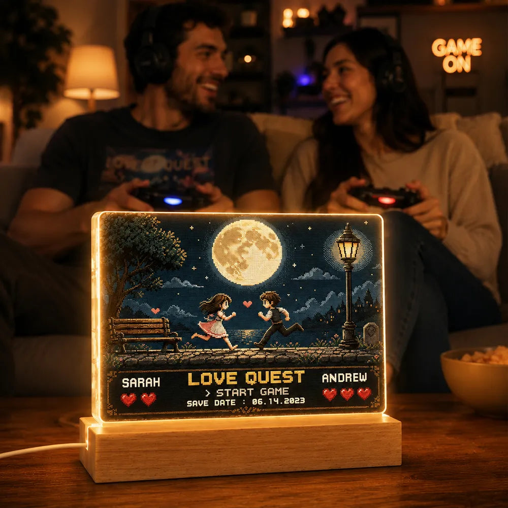 Retro Gamer Couple Love Quest - Personalized Acrylic Block LED Night Light - Anniversary Gift for Him, for Her