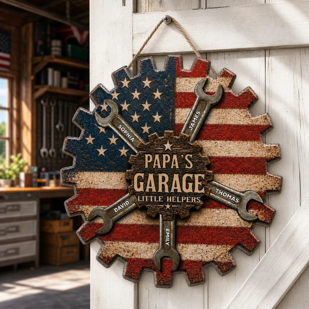 Rustic Workshop Little Helpers Nation Flag - Personalized Wooden Garage Sign - Mechanic Dad, Grandpa