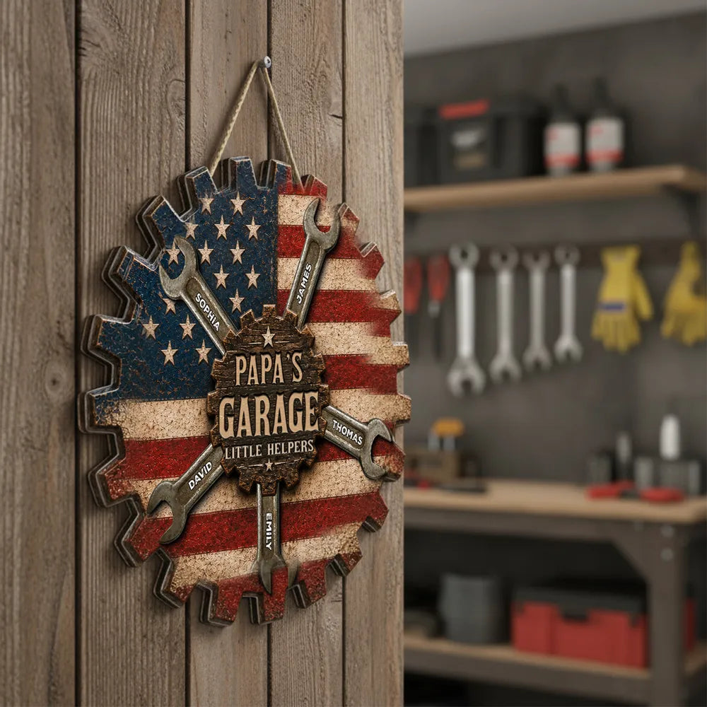 Rustic Workshop Little Helpers Nation Flag - Personalized Wooden Garage Sign - Mechanic Dad, Grandpa
