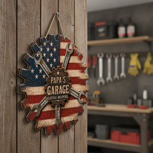 Rustic Workshop Little Helpers Nation Flag - Personalized Wooden Garage Sign - Mechanic Dad, Grandpa