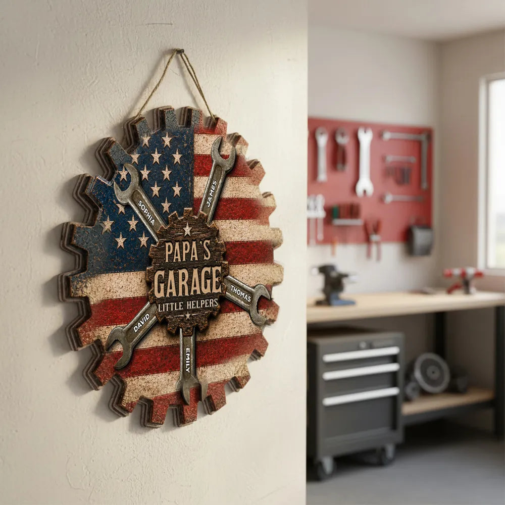 Rustic Workshop Little Helpers Nation Flag - Personalized Wooden Garage Sign - Mechanic Dad, Grandpa