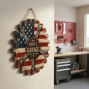 Rustic Workshop Little Helpers Nation Flag - Personalized Wooden Garage Sign - Mechanic Dad, Grandpa