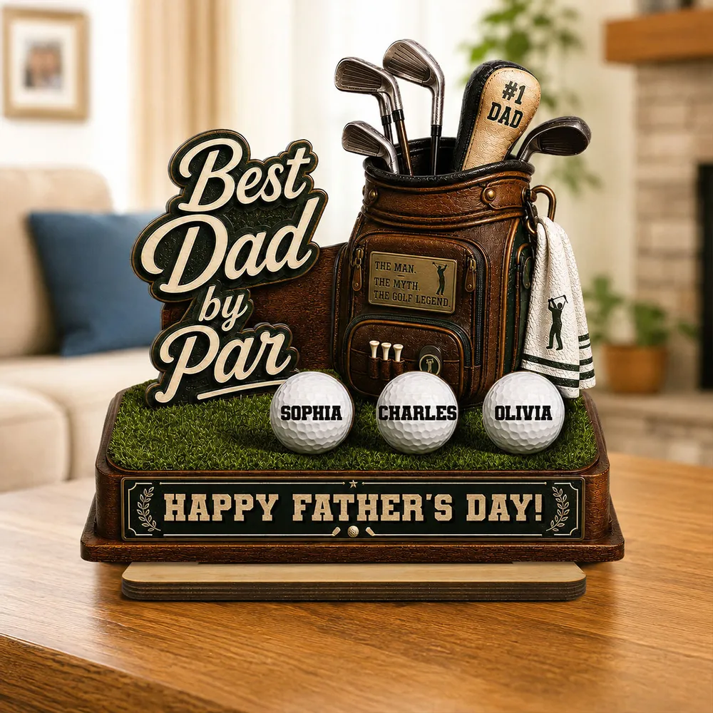 Best Dad By Par Custom Kid Name - Personalized Wooden Plaque - Father's Day Gift For Golf Dad