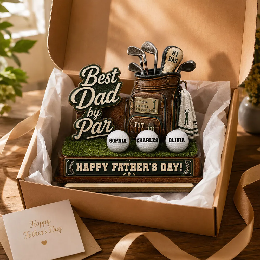 Best Dad By Par Custom Kid Name - Personalized Wooden Plaque - Father's Day Gift For Golf Dad