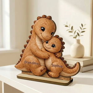 Family Dino Hug - Personalized Wooden Plaque For Mom Dad Grandparents