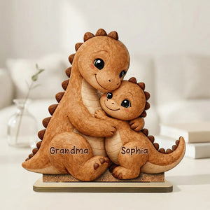 Family Dino Hug - Personalized Wooden Plaque For Mom Dad Grandparents