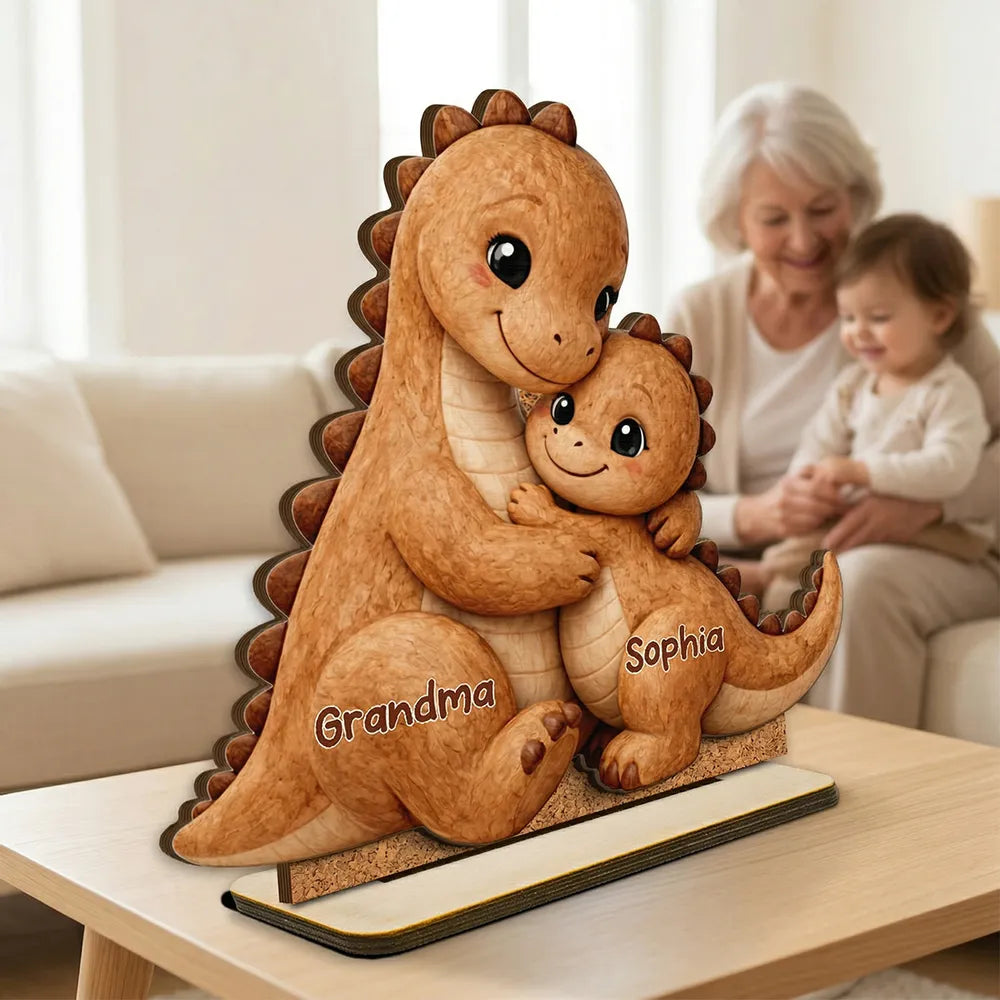 Family Dino Hug - Personalized Wooden Plaque For Mom Dad Grandparents