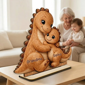 Family Dino Hug - Personalized Wooden Plaque For Mom Dad Grandparents