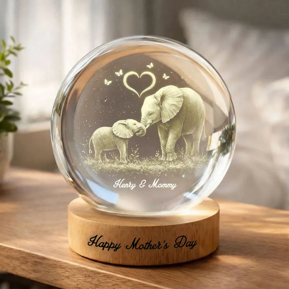 Elephant Mom and Kids - Personalized Crystal Ball LED Night Light