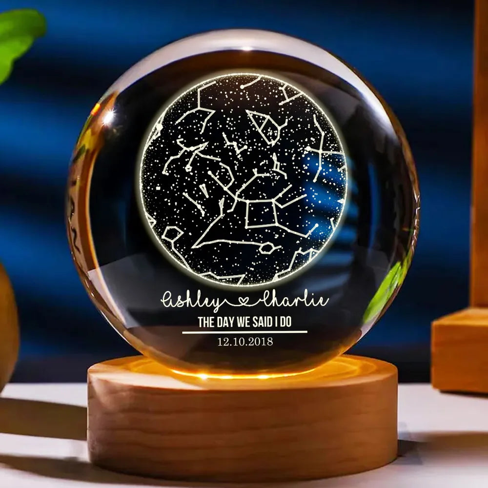 Star Map By Date Couple - Personalized Crystal Ball LED Night Light - Anniversary, Valentine's Day Gift, Gift For Him, Gift For Her