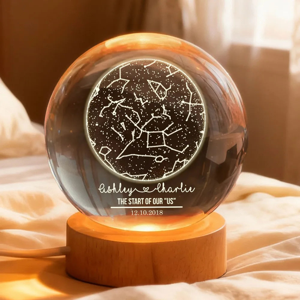Star Map By Date Couple - Personalized Crystal Ball LED Night Light - Anniversary, Valentine's Day Gift, Gift For Him, Gift For Her