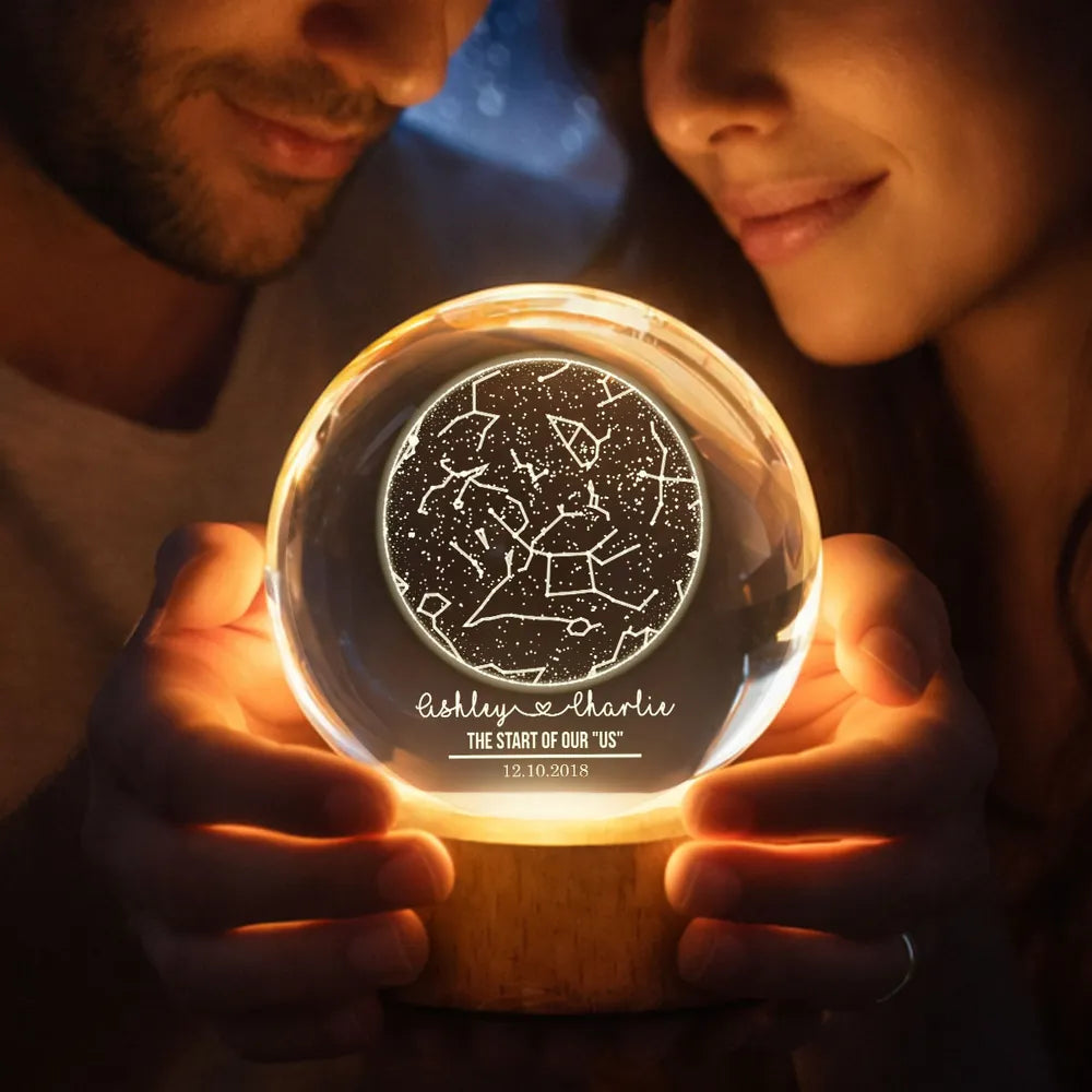 Star Map By Date Couple - Personalized Crystal Ball LED Night Light - Anniversary, Valentine's Day Gift, Gift For Him, Gift For Her