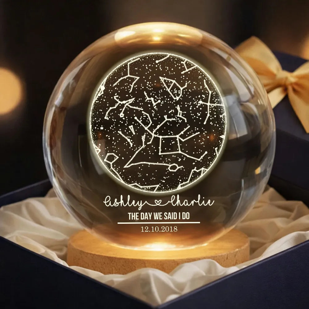Star Map By Date Couple - Personalized Crystal Ball LED Night Light - Anniversary, Valentine's Day Gift, Gift For Him, Gift For Her