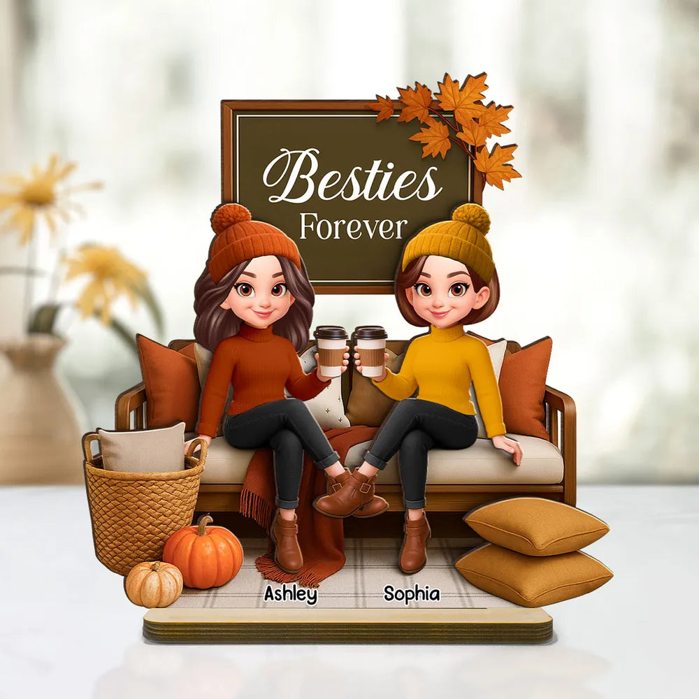 Fall Season Besties Sisters Sitting On Cozy Sofa Personalized Standing Wooden Plaque