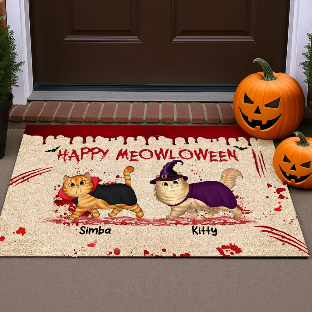 Happy Meowloween Spooky Walking Cat - Personalized Doormat