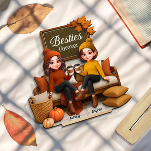 Fall Season Besties Sisters Sitting On Cozy Sofa Personalized Standing Wooden Plaque