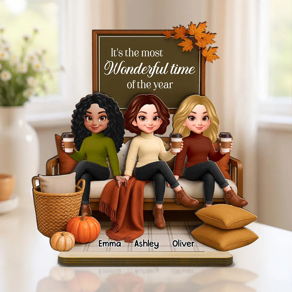 Fall Season Besties Sisters Sitting On Cozy Sofa Personalized Standing Wooden Plaque