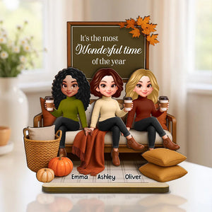 Fall Season Besties Sisters Sitting On Cozy Sofa Personalized Standing Wooden Plaque