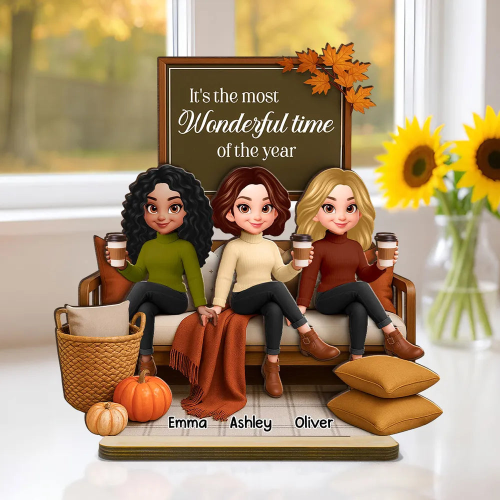 Fall Season Besties Sisters Sitting On Cozy Sofa Personalized Standing Wooden Plaque