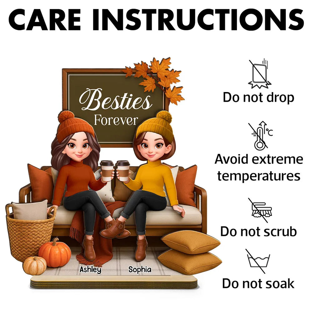 Fall Season Besties Sisters Sitting On Cozy Sofa Personalized Standing Wooden Plaque